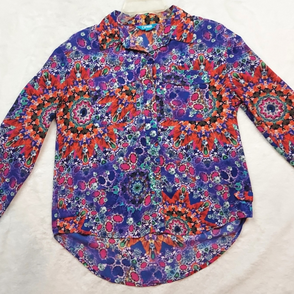 Nanette Lepore L'Amour Colorful Button Down Long Sleeve Lightweight Blouse Sz S
